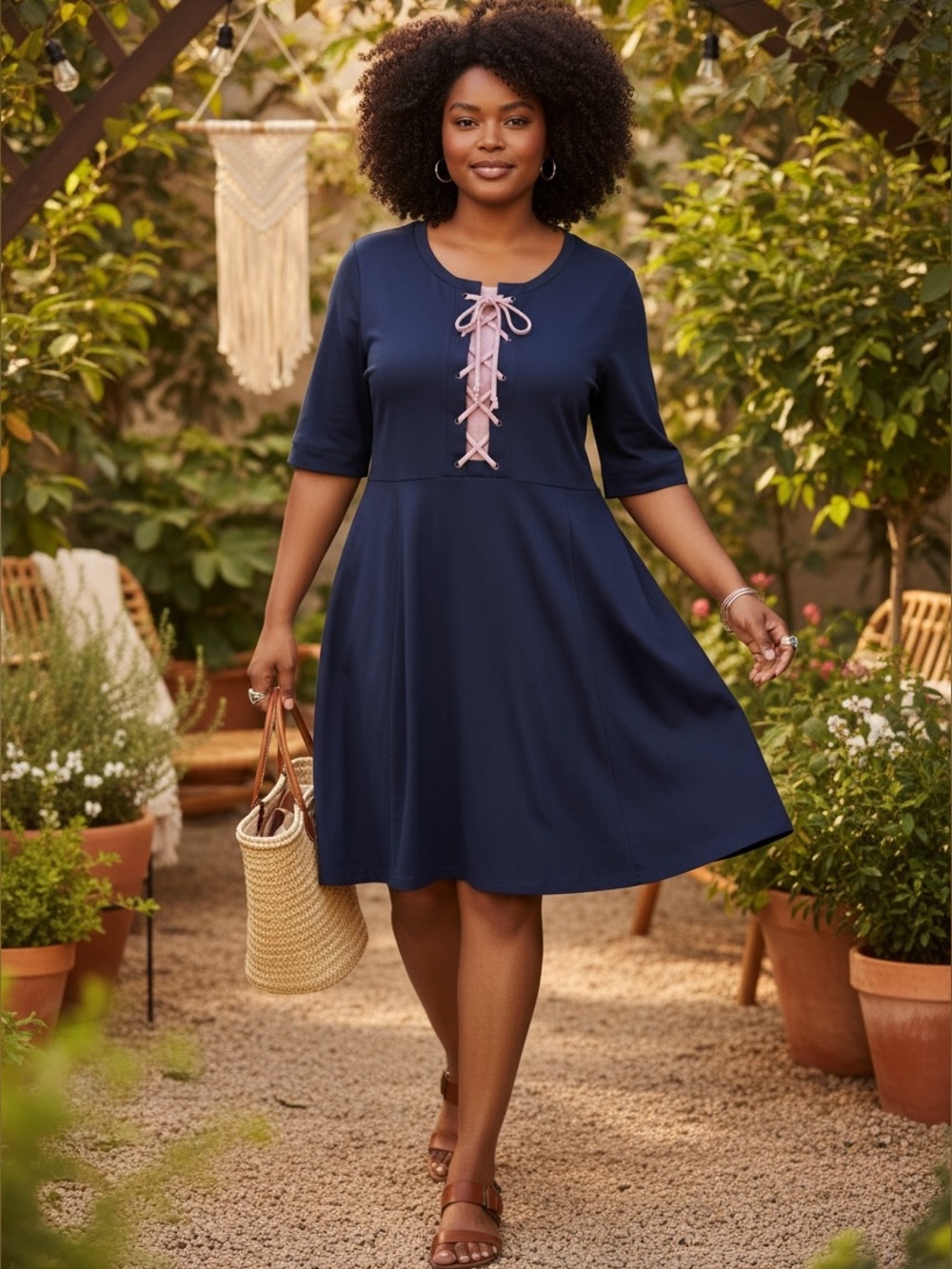 Anthropologie Maeve Lace-Up Front Fit & Flare Dress Navy‎ Blue Medium